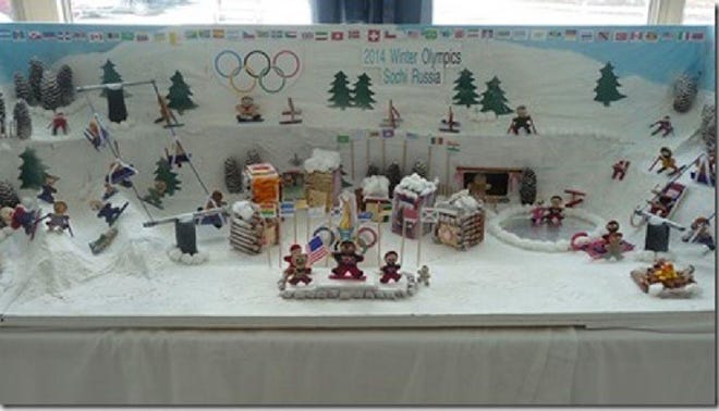 This Olympic Village was created by the residents of Weston Senior Living Center at Hillcrest in Stroudsburg in Jackson Township. It was made as a project to celebrate the Olympics this month. The residents used salt dough to make the people and paper mache to construct the scenery. They are very proud of the whole project. Of course, all of the winners at the podium are from the USA.