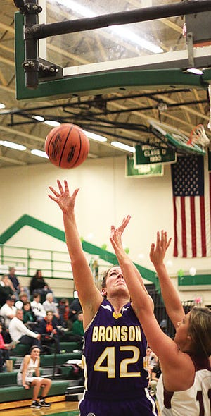Grace Pyles scores two points Wednesday night against Union City in district hoops action.