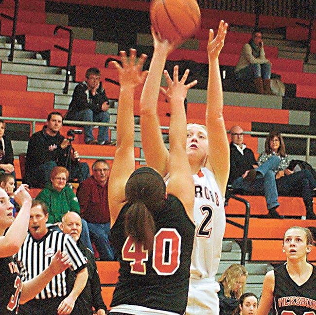 Nicolette Nelson of Sturgis takes a jumper Wednesday night against Vicksburg in district semifinal action.
