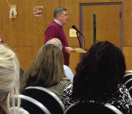 Kennebunk resident Ed Karytko speaks to the RSU 21 Board of Directors during a public forum on Tuesday, Feb. 25.