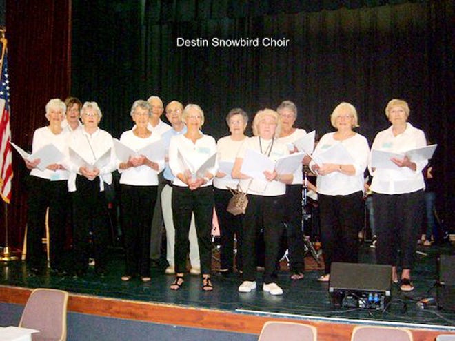 The Destin Snowbird Club Choir, under the direction of Marge Marcella, sang at the beginning of Tuesday’s meeting.