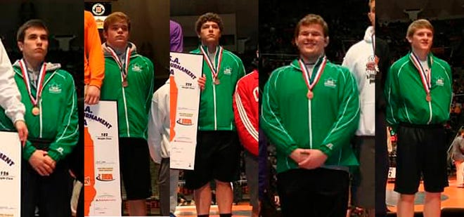 Reaching the Podium at the 2014 IHSA State Wrestling Finals are from left: Hunter Grau, Ryan Pitra and Lane Akre in third place; Nick Verbeck in fourth place and Josiah Cropp in fifth place.