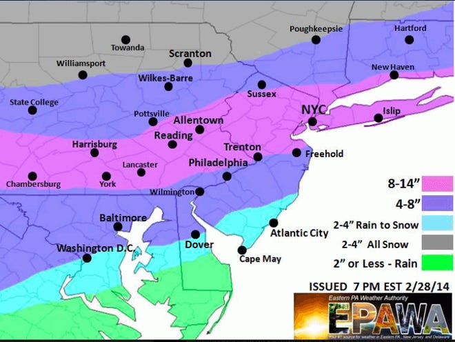 Eastern Pa. Weather Autority's snow projection map which it posted tonight.