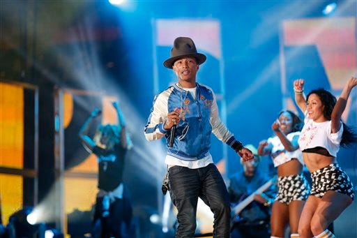Rapper Pharrell Williams rehearses before the NBA All Star basketball game, Sunday, Feb. 16, 2014, in New Orleans.