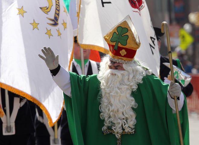 Playing the role of St. Patrick in the Pawtucket St. Patrick's Day parade is the Rev. Charles Galligan, chaplin for the Pawtucket Fire Department and priest at St. Joseph Church in Cumberland.