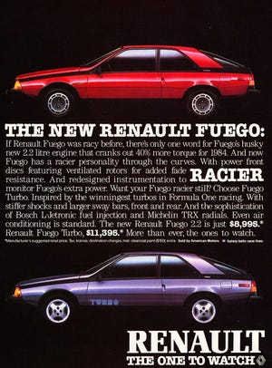 The 1984 AMC Renault Fuego was for the sports car enthusiast, and came with 4-cylinder turbo power. (Compliments Renault/AMC).