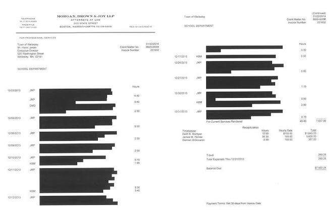 An scanned copy of the redacted legal invoice, outlining the costs incurred by Wellesley's taxpayers during the Perry V. Alexander court case.