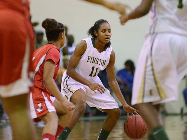 Kinston sophomore point guard Jada Faison, seen here in the Vikings’ season-opening victory against Jacksonville in November, is one of the leaders of her team that will be facing High Point Andrews today at 8:30 p.m. in Fayetteville.