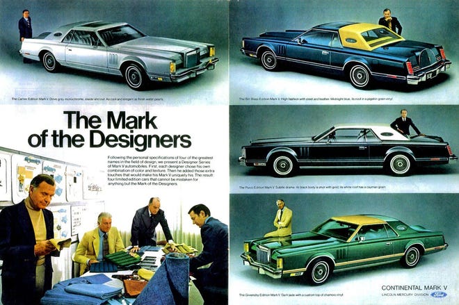 The Ford Motor Company cashed in on designer cars, utilizing four famous designers to brand its beautiful Mark V Continentals. (Compliments of Ford Motor Company)