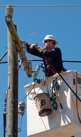 A crew with Duke Energy works on repairs near Arcadia Road and 220 Business South in Randleman 3.8.14. NO ID on the guy in the bucket truck. (PAUL CHURCH / THE COURIER-TRIBUNE)