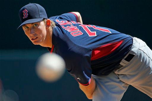 Red Sox starting pitcher Henry Owens (76) warms up before the first inning of Saturday's game aaginst the Orioles.