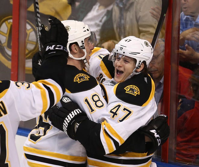 Bruins defenseman Torey Krug (right) celebrates with Reilly Smith after scoring during the third period of Boston's 5-2 win over the Panthers on Sunday.