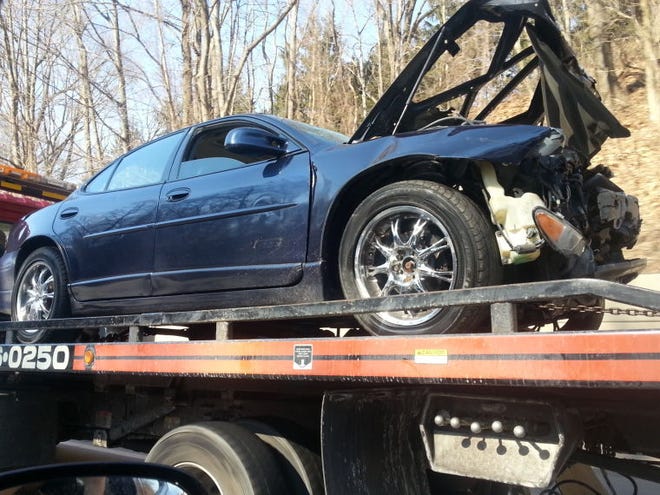 Photo of the car involved in a one-car crash on the Pennsylvania Turnpike on March 9.