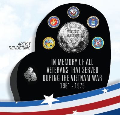 The design of the monument by Jerry Domask. It features all of the service seals on the front along with a POW/MIA tribute on the back as well as a list of all major Vietnam battles on its side.