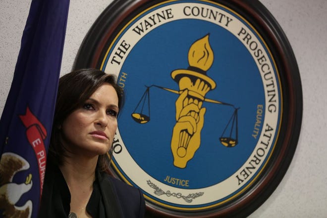 Actress Mariska Hargitay takes questions after a news conference with Wayne County Prosecutor Kym L. Worthy, at Frank Murphy Hall of Justice in Detroit on Monday, March 10, 2014. The star from NBC's "Law & Order: Special Victims Unit" on Monday said her Joyful Heart Foundation stands with Worthy in her efforts to have thousands of backlogged rape kits tested. The foundation works with authorities on eliminating the testing backlog. Worthy's office says the Sexual Assault Kit Evidence Submission Act legislation is expected to be introduced this month in Lansing. It seeks more timely analysis and testing of evidence contained in rape kits and allows for input from victims.