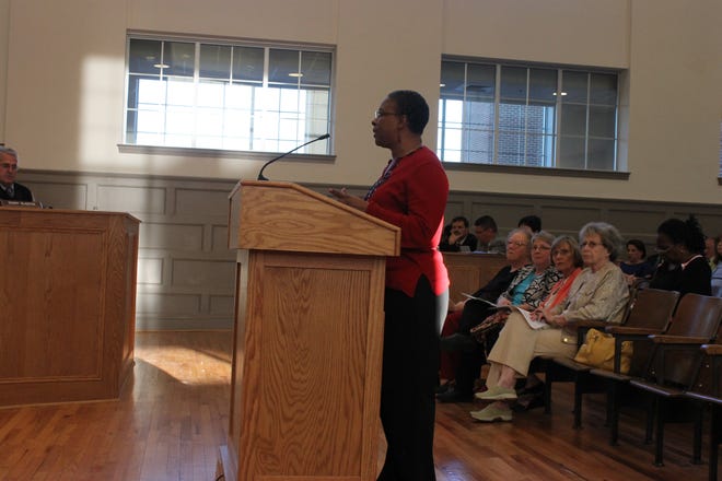In a public comment period Monday night during the Cleveland County Schools Board of Education meeting, Yvette Grant tells the board she would like the next CCS superintendent to have teaching experience. (Jessica Pickens/The Star)