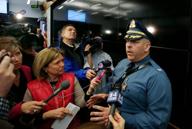 Superintendent of the Massachusetts State Police, Colonel Timothy Alben speaks to media in Framingham Monday regarding security measures for the upcoming Boston Marathon on April 21.