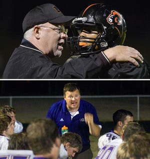 TOP: Manual head coach Dan Fauser has a talk with quarterback Marcus Sierra during a game in September. (RON JOHNSON/JOURNAL STAR)

BOTTOM: Canton head coach Jason Kirby gives his team an emotional pep talk at halftime of a game against Illinois Valley Central in August at IVC High School in Chillicothe. (MATT DAYHOFF/JOURNAL STAR )