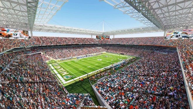 An artist's rendering of how potential renovations would look from a high-angle view of Sun Life Stadium. (Courtesy Miami Dolphins/360 Architecture)