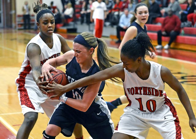 TIMES RECORD FILE PHOTO / Northside's Tiarra McDonald, left, and Brianna Jackson force a jump ball with Greenwood's Haleigh Henson on Tuesday, Jan. 21, 2014, at Kaundart-Grizzly Fieldhouse. The Lady Bears will play Conway for the 7A state championship 7 p.m. Thursday in Hot Springs.