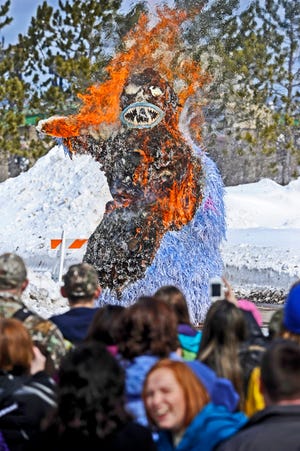 A 14-foot effigy goes up in smoke during last year’s annual burning of a snowman at Lake Superior State University to welcome spring. This year’s burn is Thursday, March 20, at noon on the north side of LSSU’s Walker Cisler Center in Sault Ste. Marie, Mich. The annual ceremony has been going on since 1971.