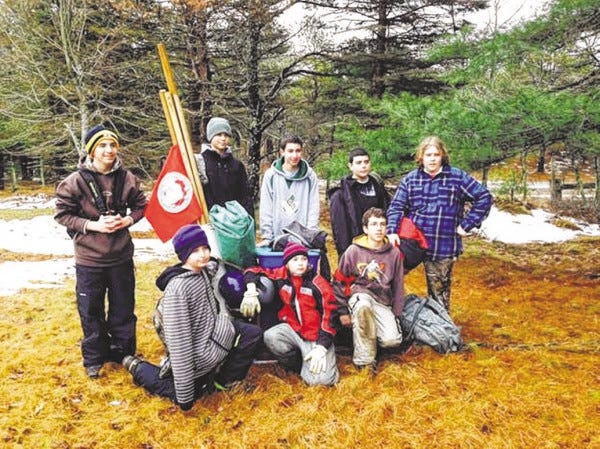 SUBMITTED PHOTO
Scouts from the New Bedford Rod & Gun Club (Troop & Pack 13) recently competed in the Narragansett Council Klondike Derby at Camp Cachalot. Pictured are The Dawg Patrol, first place winners in the Scout Division for the third year, from (l-r), front, Andrew Magalhaes, Isaac Pavlik, Garrett Ferry; Back, Max Magalhaes, Jacob Medeiros, Alec Pimentel., Danny Bilodeau and Sebastian Bjornson.