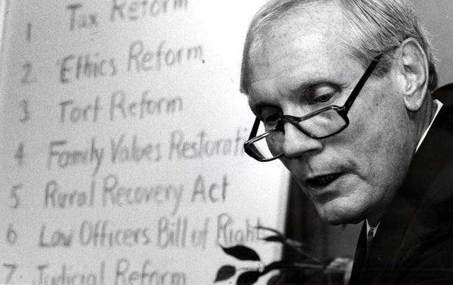 Fred W. Phelps Sr. announced his plans Friday to run for the Democratic nomination for governor of Kansas. Phelps' seven points of reform were listed on a board beside him. 11/18/19