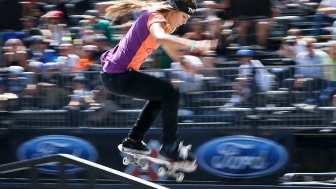 Leticia Bufoni, of Sao Paulo, Brazil, competes in the Skateboard Street final at the Summer X Games in Los Angeles on August 1, 2013. Bufoni, 20, won the gold medal in the competition and has been invited to compete in the 2014 Summer X Games, which will take place in Austin. CREDIT: Mel Melcon/Los Angeles Times