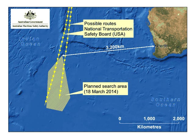 THE ASSOCIATED PRESS / This graphic released by the Australian Maritime Safety Authority on Tuesday shows an area, left bottom, in the southern Indian Ocean that the Australian Maritime Safety Authority (AMSA) is concentrating its search for the missing Malaysia Airlines Flight MH370 on. Manager of AMSA response division John Young has identified their search will cover a massive 232,000-square miles area, saying it will take weeks to search thoroughly.