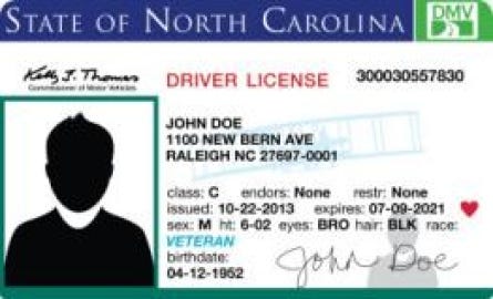 This sample of a new driver’s license shows that the holder is a military veteran. The General Assembly passed the law in 2011, but it was just last week the state could offer the designation to North Carolina’s 800,000 veterans.