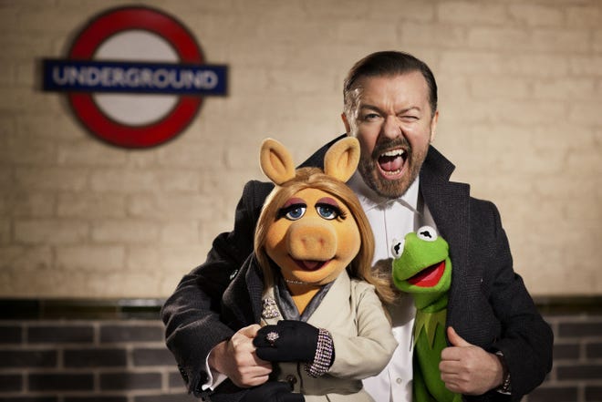The ageless couple Kermit the Frog and Miss Piggy team with Ricky Gervais as Dominic Badguy in "Muppets Most Wanted."