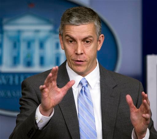 FILE - In this March 14, 2014, file photo, Education Secretary Arne Duncan speaks to reporters during briefing in the Brady Press Briefing Room of the White House in Washington. Even preschoolers are getting suspended from U.S. public schools, and they're disproportionately black, a trend that continues up through the later grades. Data to be released Friday, March 21, 2014, by the Education Department's civil rights arm finds that black children represent about 18 percent of children enrolled in preschool programs in schools, but almost half of the students suspended more than once. Six percent of the nation's districts with preschools reported suspending at least one preschool child. "It is clear that the United States has a great distance to go to meet our goal of providing opportunities for every student to succeed," Duncan said in a statement. (AP Photo/Manuel Balce Ceneta, File)