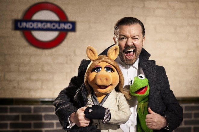 Ricky Gervais plays the evil Mr. Badguy (literally) to Miss Piggy and Kermit’s heartfelt (get it? felt?) Muppety goodness in “Muppets Most Wanted.”