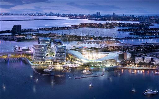 In this artist rendering provided by 360 Architecture and Arquitectonica on Monday, March 24, 2014, shows the proposed soccer stadium recommended for the Port of Miami, in Miami.
