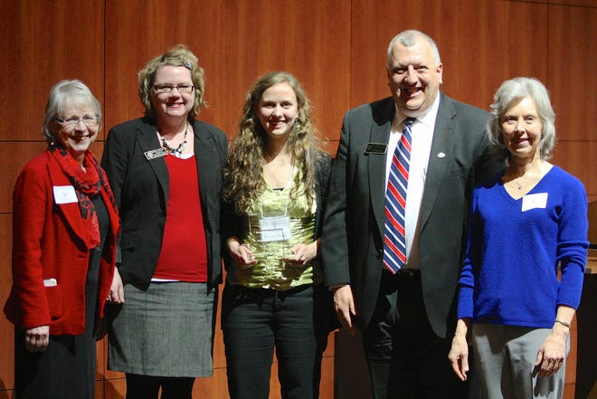 Photo submitted by Heather Pendergraft: Kendra Bragg (center) won the Alfred and Shirley Wampler Caudill Life of the Scholar Multidisciplinary Conference Best Presentation Award. She is joined by, from left, Dr. June Hobbs and Dr. Shea Stuart, Conference Organizers, Dr. Donald W. Caudill, Awards Benefactor, and Dr. Carolyn A. Billings, Professor of Music and Kendra’s Faculty Mentor.