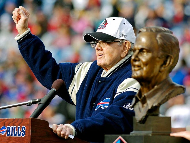 In this Nov. 1, 2009, file photo, Buffalo Bills owner Ralph Wilson Jr. celebrates his Hall of Fame induction at a half-time ceremony during the NFL football game against the Houston Texans in Orchard Park, N.Y. Bills owner Wilson Jr. has died at the age of 95. NFL.com says team president Russ Brandon announced his death at the league's annual meeting in Orlando, Fla., Tuesday, March 25, 2014. He was one of the original founders of the American Football League and owned the Bills for the last 54 years.