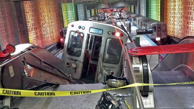 In this March 24, 2014 file photo, a Chicago Transit Authority train car rests on an escalator at the O'Hare Airport station after it derailed early in the morning, injuring more than 30 people, in Chicago. Had the crash occurred during the day, when the trains are often full and the escalator packed with luggage-carrying travelers, far more people likely would have been injured, some even killed, said Joseph Schwieterman, a transportation expert at DePaul University. (AP Photo/NBC Chicago, Kenneth Webster, File) MANDATORY CREDIT
