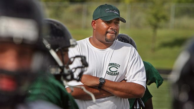 Photo by Larry Kolvoord AMERICAN-STATESMAN….9/05/07….Connally High School Coach Howard McMahan stands among varsity football players at practice on the school field Wednesday, September 5, 2007.