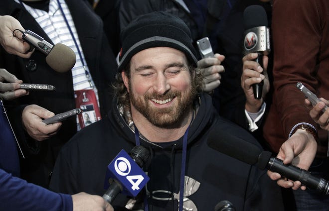 New England Patriots tackle Matt Light laughs at a question during a news conference in 2012. Light has put together the comedy show "Fool's Night Out" to benefit the Light Foundation, which provides youths with outdoor learning experiences and other programs.