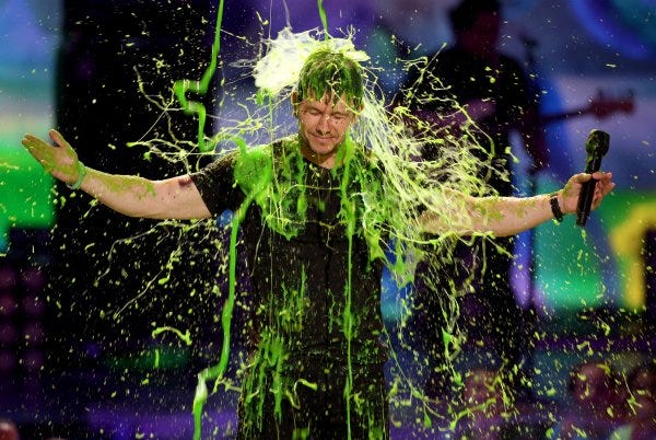 Host Mark Wahlberg gets slimed Saturday at the 27th annual Kids' Choice Awards at Los Angeles' Galen Center.