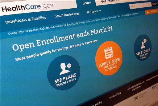 FILE - This March 1, 2014 file photo shows part of the website for HealthCare.gov as photographed in Washington. Welcome news for the Obama administration: A major new survey out Monday says the U.S. uninsured rate kept dropping last month and it's now on track to reach the lowest levels since 2008, before President Barack Obama took office. The Gallup-Healthways Well-Being Index finds that 15.9 percent of Americans lack health insurance so far in 2014, down from 17.1 percent in the last three months of 2013. Gallup interviewed more than 28,000 adults, making the results highly accurate. (AP Photo/Jon Elswick, File)