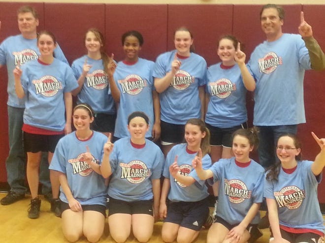 The Red team scored in the final seconds of the championship game to win the CBAA Senior Girls division title. Team members include (front row, from left) Adriana Ferrentino, Caitlin Fischer, Elise Stock, Lindsay Stock and Rebecca Scott. In the second row are coach Jon Lundberg, Alyssa Ferrentino, Gloria Lundberg, Elyse Shine, Jordan Snodgrass, Allison Fischer and head coach Glenn Stock.