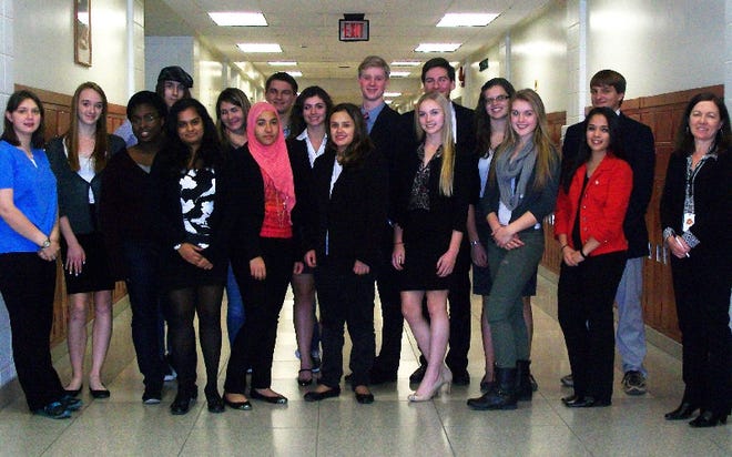 Pocono Mountain East’s Mock Trial team recently won the Pennsylvania Bar Association District Championship. Pictured from left are: Meagan Barney; Emma Lindauer; Anastasia Bernard; Shamus Andrek; Kajal Desai; Mindy Rinker; Yasmeen Ahmed, Connor Braithwaite; Julie Lynch; Emily Reder; Kyle Gray; Madison Seip; Taylor Hosbach; Alyssa Smale; Chloe Sicignano; Cindy Fox; Evan Battisto; and coach and teacher, Maria Bras-Danges. Missing from photo are Taylor Ayers and Jake Lombardino.