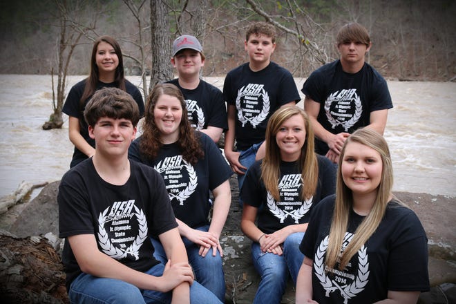 The Blocton Bullets air pistol team qualified to compete in the 10-meter competition at the National Junior Olympics Championships hosted by USA Shooting. Front row, left to right: state champions Zachary Miller and Kara Moody. Middle row, left to right: Brandilyn Perry and Ashley West. Back row, left to right: Abbey Watson, Jacob Curren, Layne Smith and Ronnie Pierson.