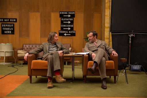 This image released by Fox Searchlight shows director Wes Anderson, left, with Jude Law on the set of "The Grand Budapest Hotel ." (AP Photo/Fox Searchlight, Martin Scali)