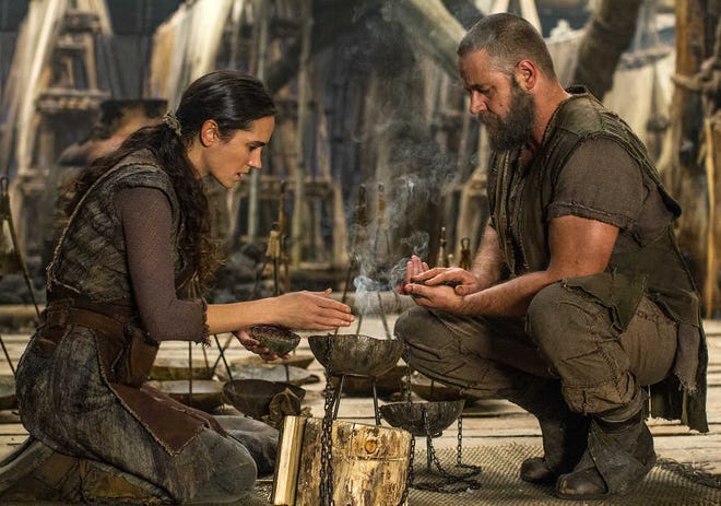 This image released by Paramount Pictures shows Jennifer Connelly, left, and Russell Crowe in a scene from "Noah." (AP Photo/Paramount Pictures, Niko Tavernise)