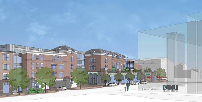 This architectural rendering shows the latest version of the proposed HarborCorp development in downtown Portsmouth. The viewpoint would be from Maplewood Avenue looking down Deer Street.