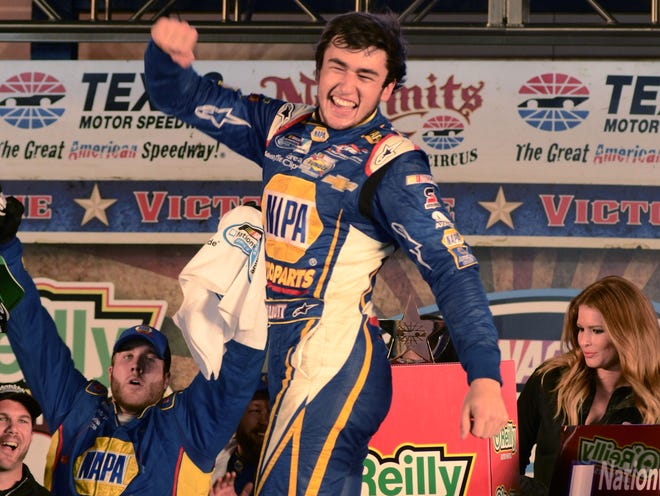 Chase Elliott celebrates winning the NASCAR Nationwide Series auto race at Texas Motor Speedway in Fort Worth on Friday.