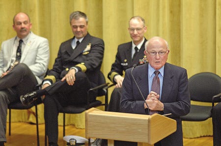 The keynote speaker for the Portsmouth Naval Shipyard apprentice graduation Friday night was Rodney K. Watterson, a retired captain in the U.S. Navy and author of "32 in 44," a book about the extraordinary production of submarines at Portsmouth during World War II.