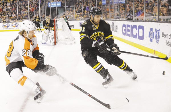 Philadelphia Flyers' Claude Giroux (28) and Boston Bruins' Andrej Meszaros (41) battle for the puck in the first period of an NHL hockey game in Boston, Saturday, April 5, 2014. (AP Photo/Michael Dwyer) ORG XMIT: MAMD101
Philadelphia Flyers' Claude Giroux (28) and Boston Bruins' Andrej Meszaros (41) battle for the puck in the first period of an NHL hockey game in Boston, Saturday, April 5, 2014. (AP Photo/Michael Dwyer) ORG XMIT: MAMD101